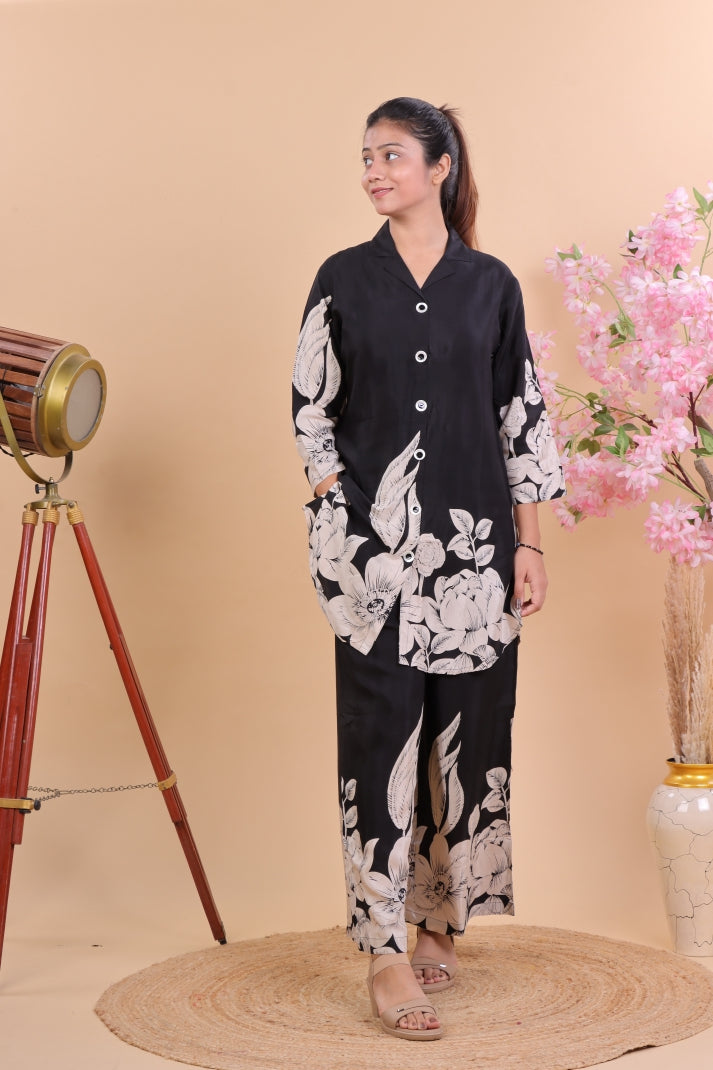Elegant Black & White Floral Printed Co-ord Set