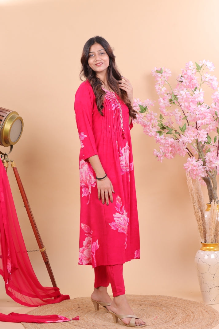 Radiant  Magenta Rayon Floral Suit Set with Dupatta