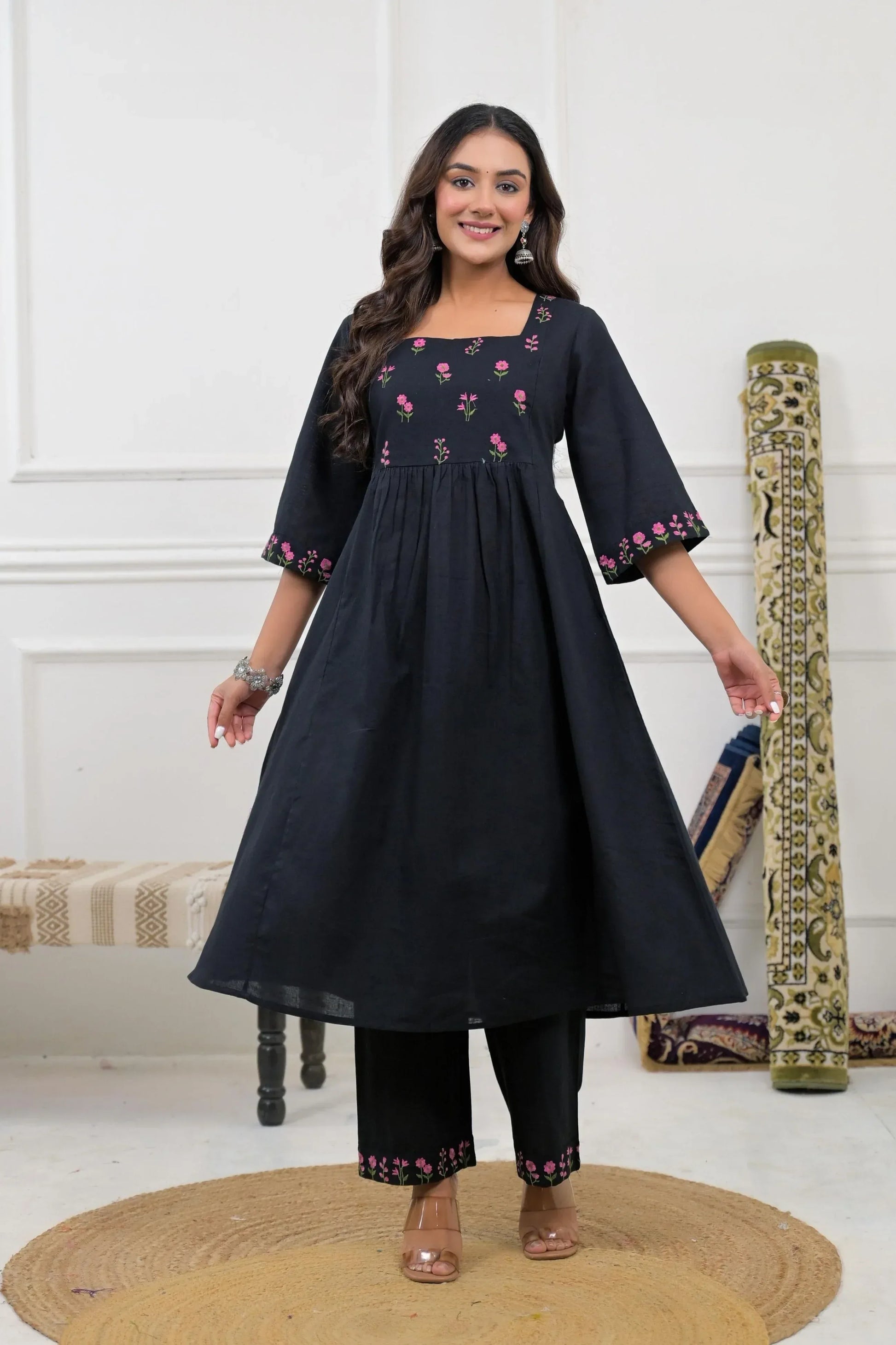 Black Floral Embroidery Kurta set - Qurbat 