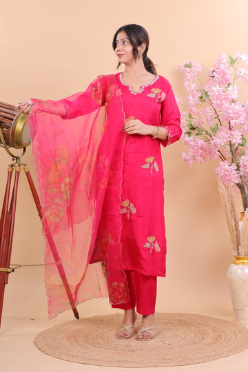 Graceful Pink Silk Suit with Hand Embroidered Floral Detailing & Dupatta