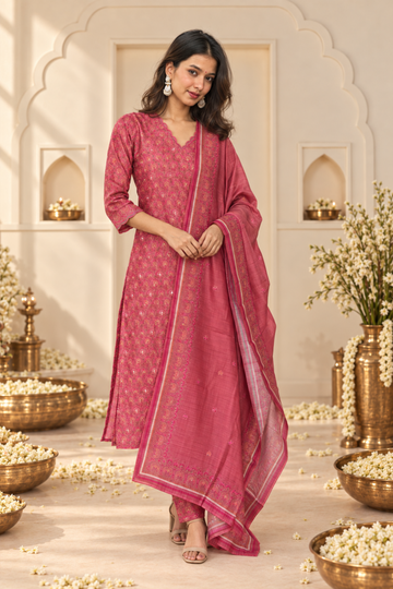Peach with chanderi fabric Floral Printed Anarkali Kurta with Dupatta