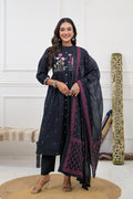 Floral embroidered kurta set with dupatta, featuring intricate floral patterns on a vibrant fabric.