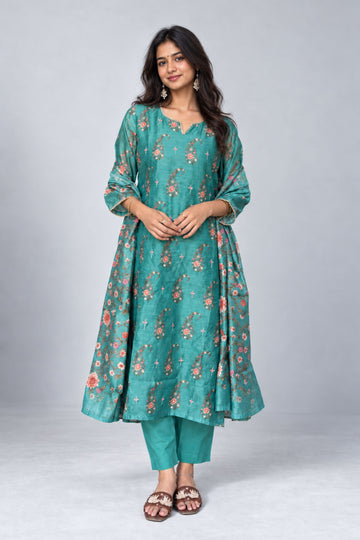 Green Chanderi Floral Print Kurta Set with Bottom Dupatta