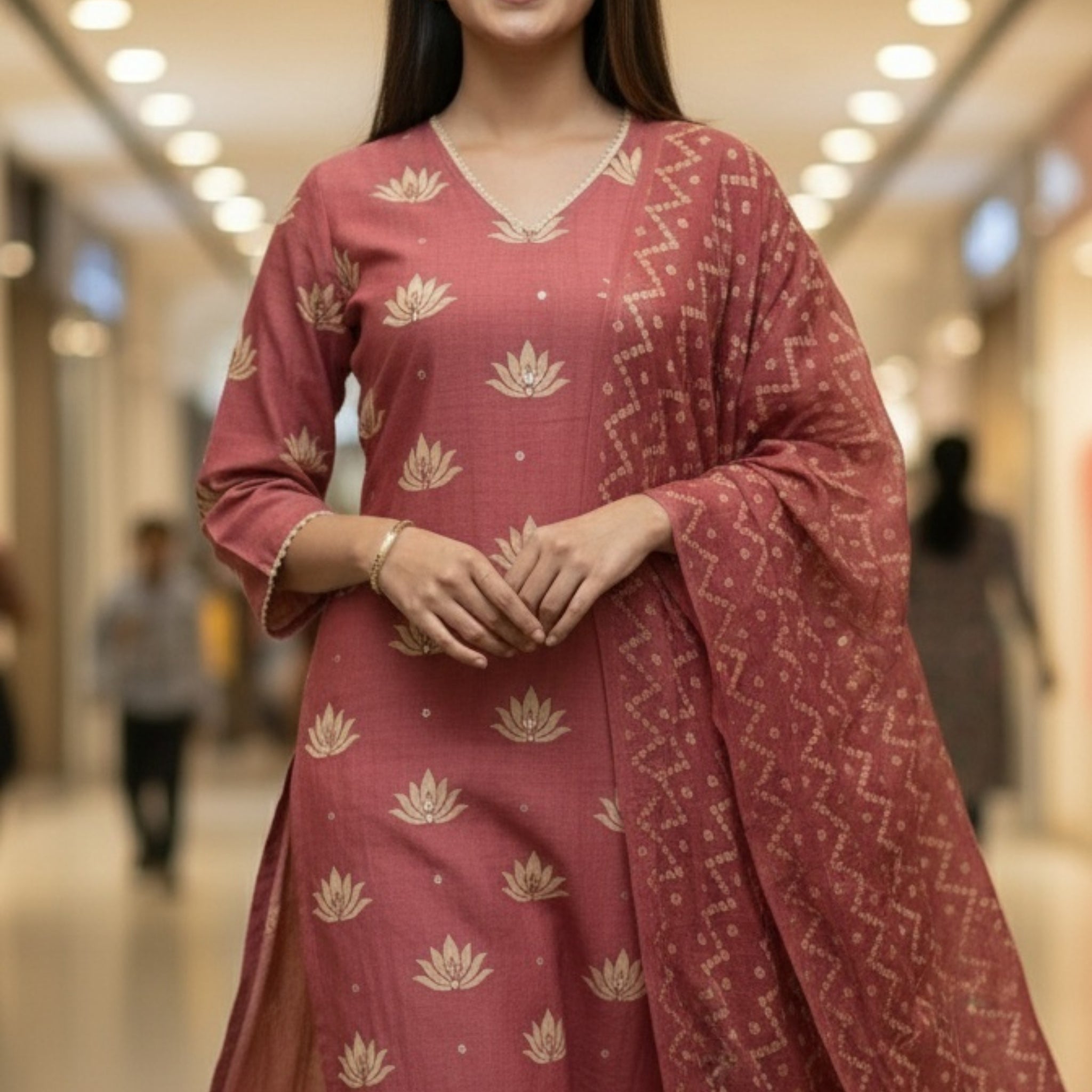 Dusty Rose Cotton Kurta Set with Golden Lotus Motifs