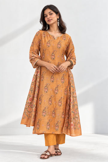Mustard Chanderi Floral Print Kurta Set with Bottom Dupatta
