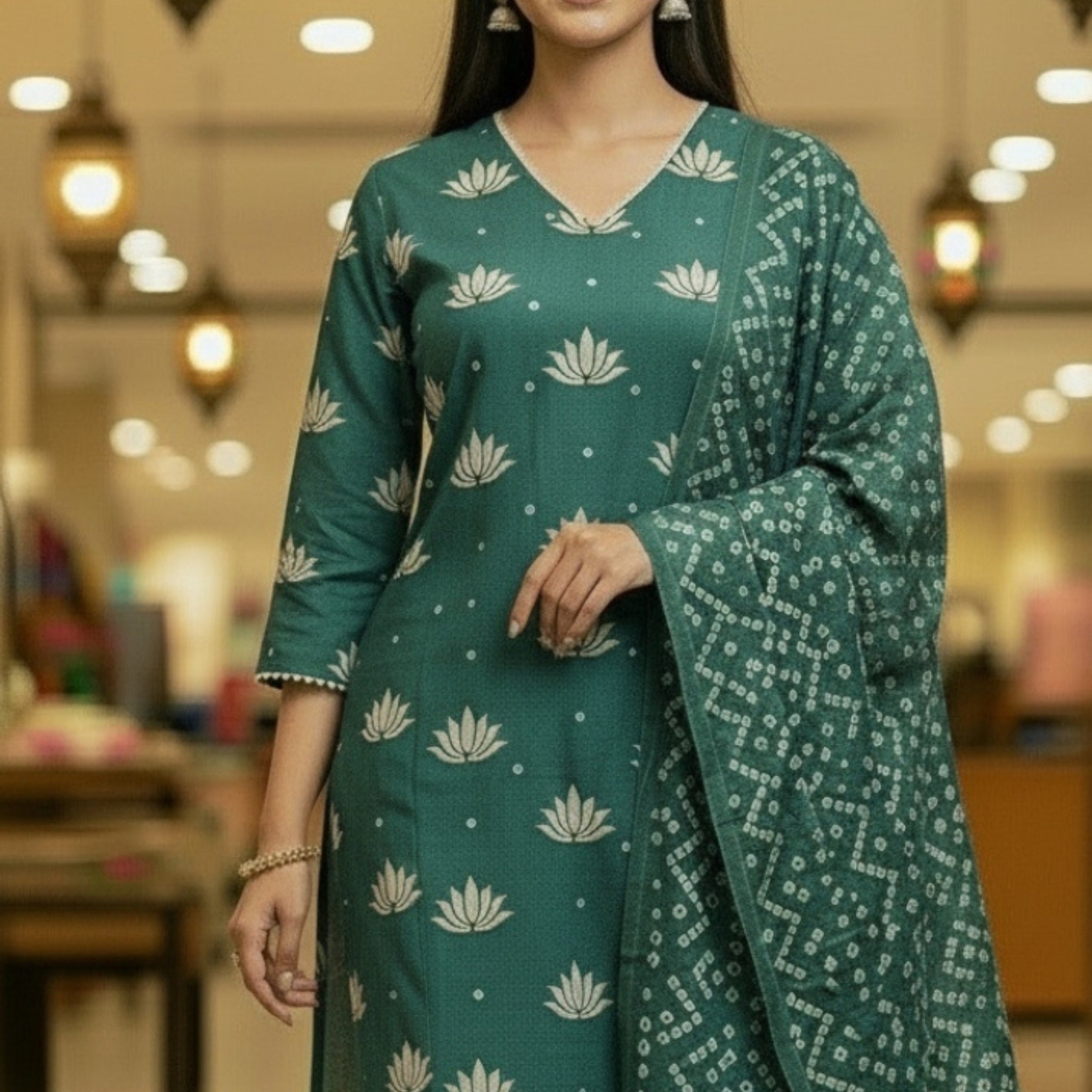 Dusty Blue Cotton Kurta Set with Golden Lotus Motifs