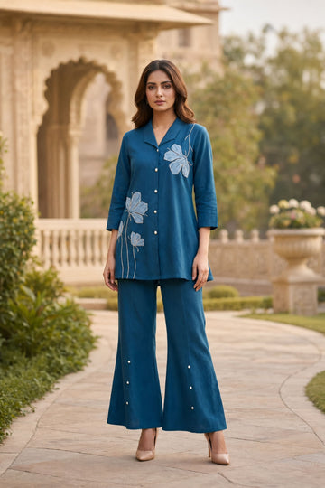 Women's Blue Floral Printed Co-Ord Set with Wide-Leg Pants