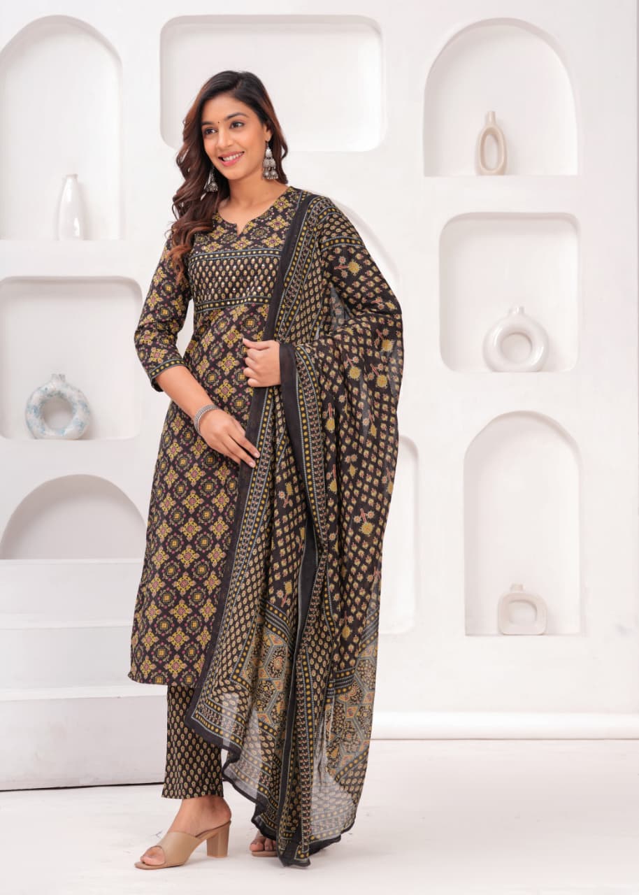 Black & Mustard Printed Kurta Set with Printed Border Dupatta