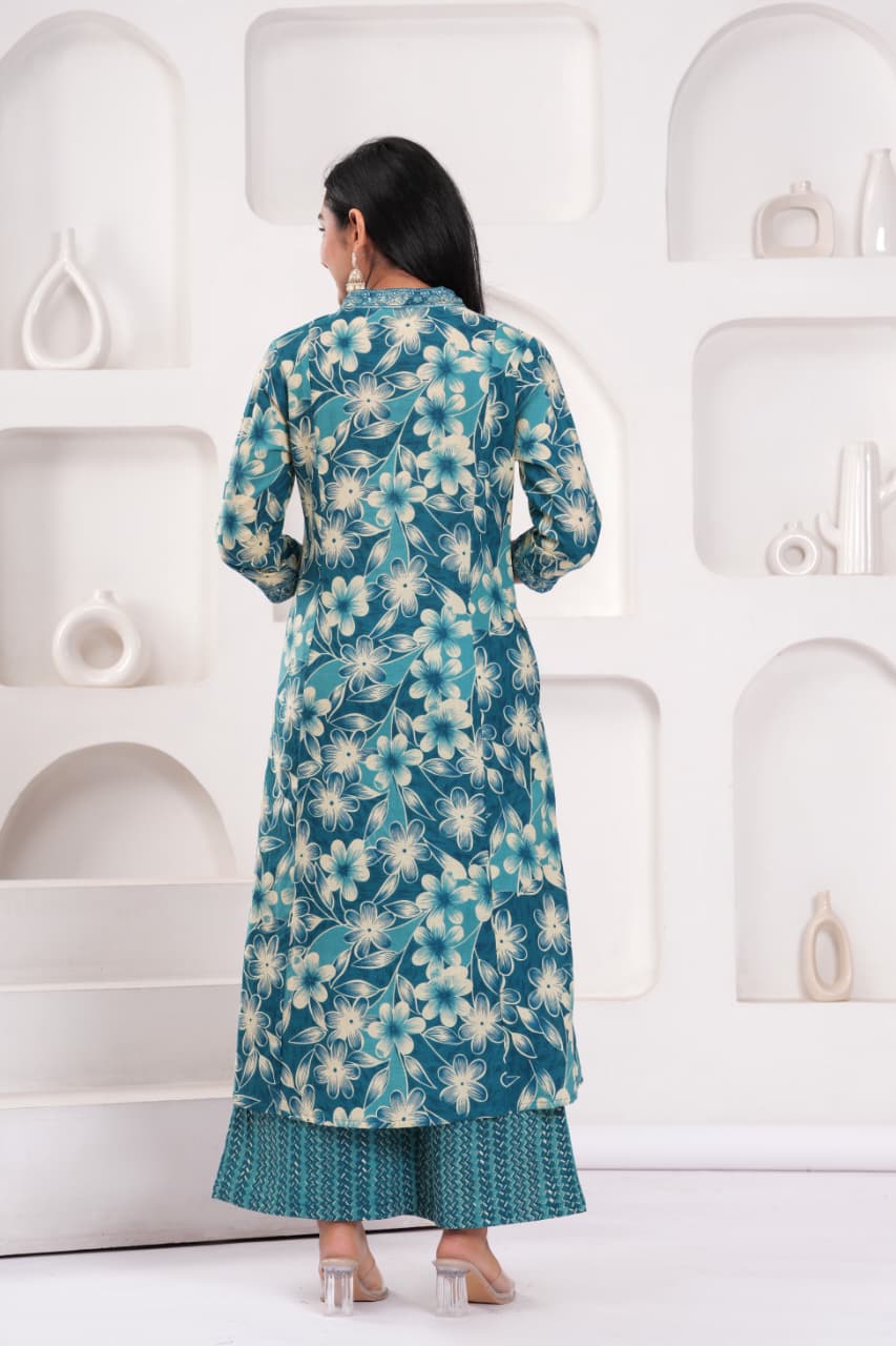 Aqua-Blue Floral Kurta Set with Palazzo & Dupatta