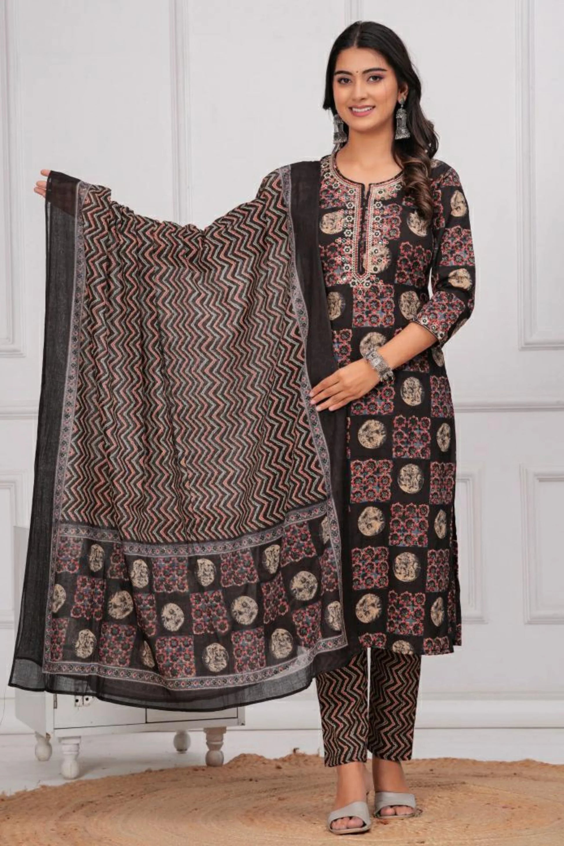 Black & Rust Geometric Print Cotton Kurta Pant Dupatta Set - Qurbat 