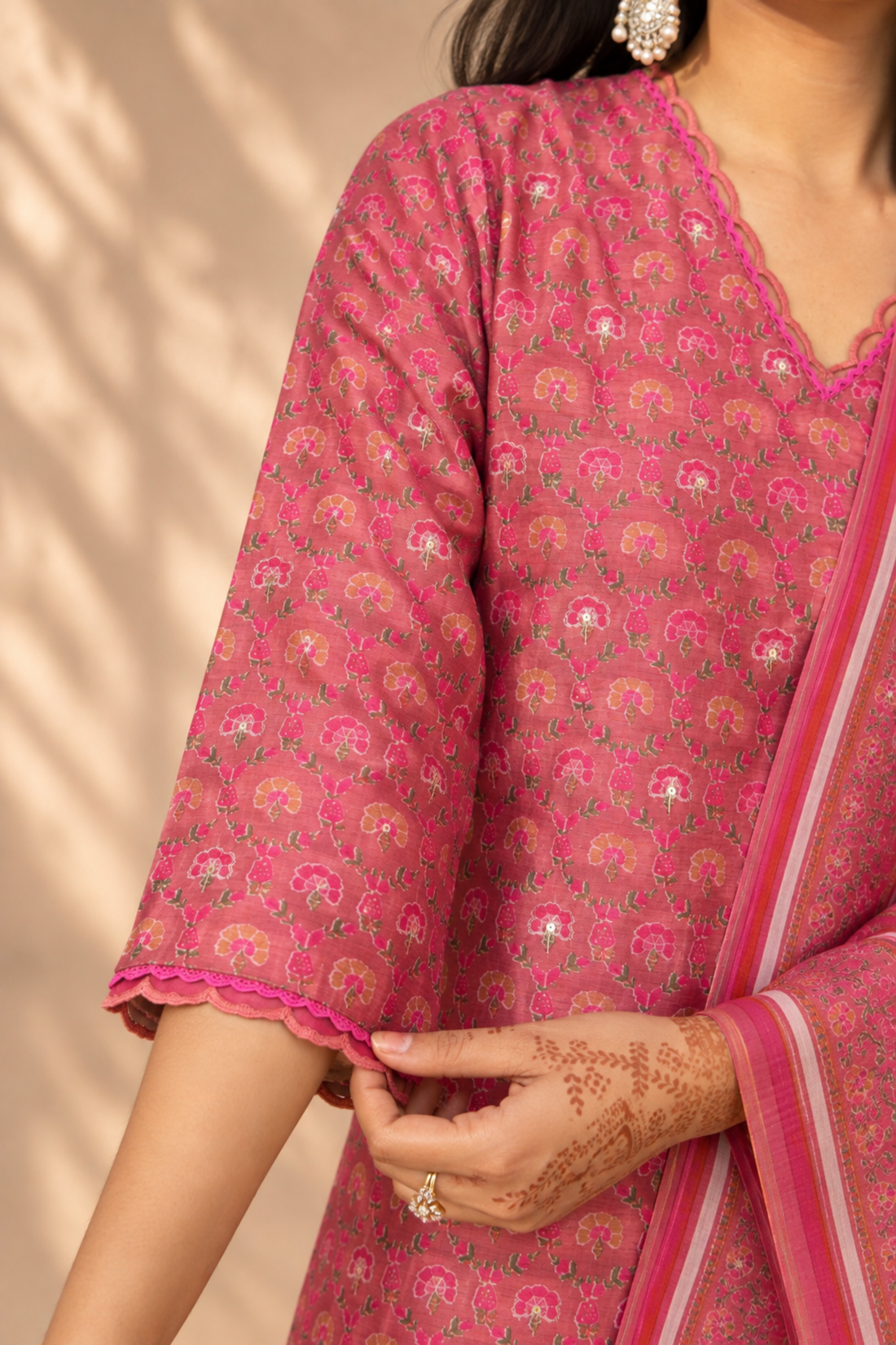 Peach with chanderi fabric Floral Printed Anarkali Kurta with Dupatta