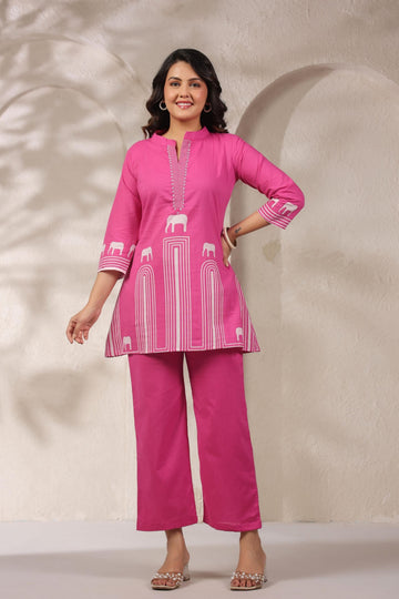 Elephant motif printed kurta set for women, featuring a comfortable cotton blend fabric.