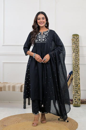 Embroidered Kurta Set with Embroidered Dupatta featuring intricate floral patterns on a vibrant fabric.