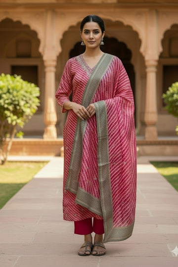 Stylish Pink Striped Printed Kurta Set with Intricate Neck Detailing