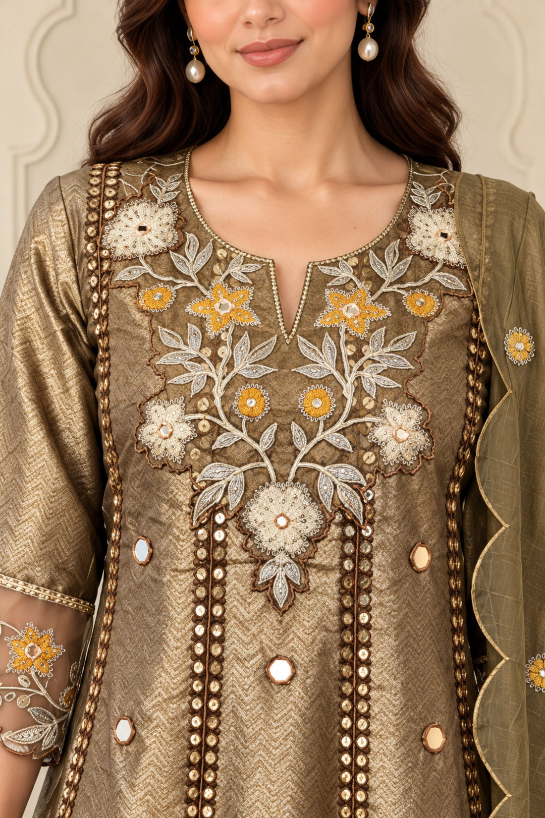 Copper Gold Shimmer Fabric Floral Embroidered Mirror Work Kurta with Salwar & Dupatta