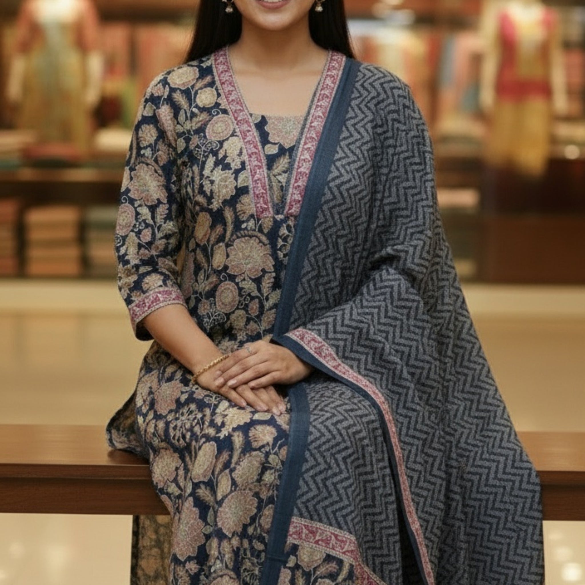 Elegant Multi Color Floral Print Cotton Kurta Pant Dupatta Set