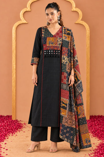 Women's Black Printed Straight Kurta Set with Dupatta