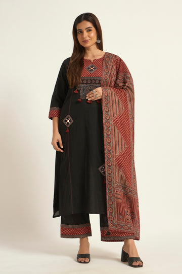 Black  with cotton fabric & Maroon Ajrakh Print Mirror Work Kurta with Palazzos & Dupatta