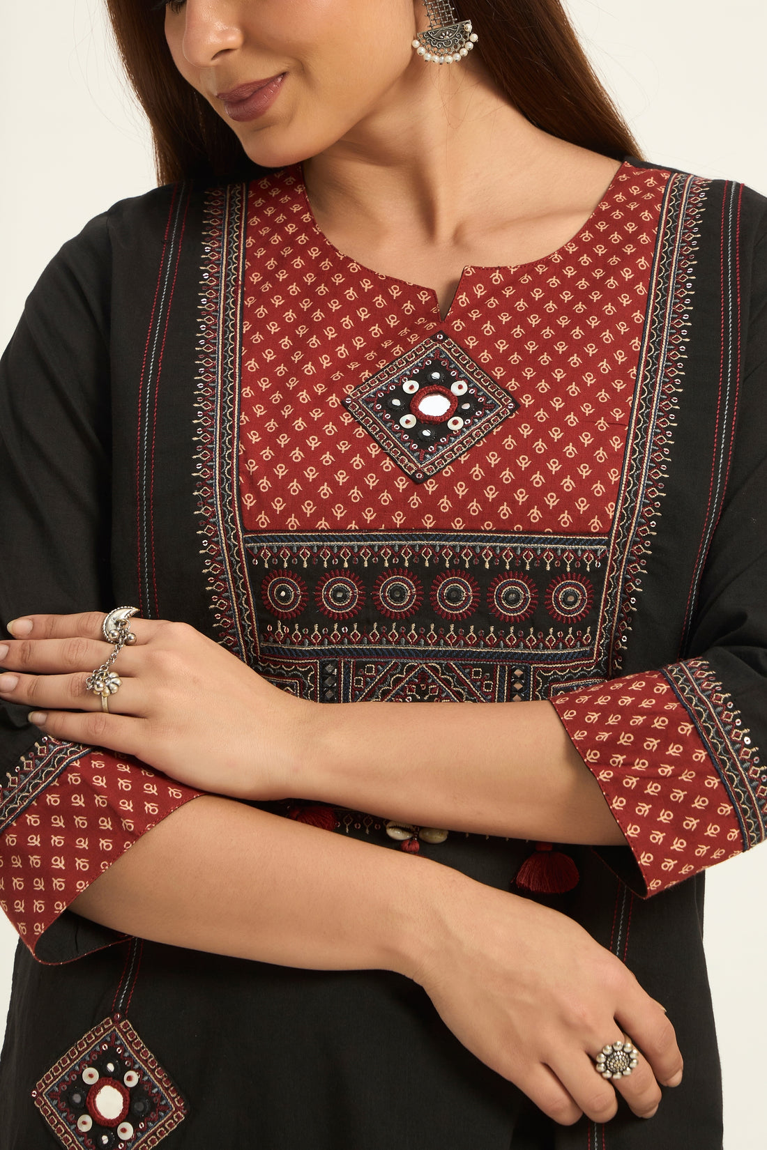 Black  with cotton fabric & Maroon Ajrakh Print Mirror Work Kurta with Palazzos & Dupatta