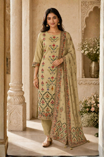 Women Beige Floral Printed Kurta with Trousers & Dupatta Set