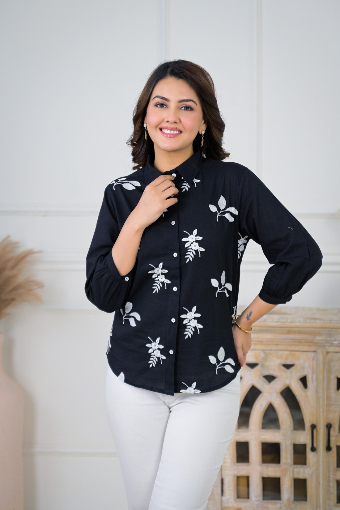 Floral Embroidered Button-Down Shirt for Women