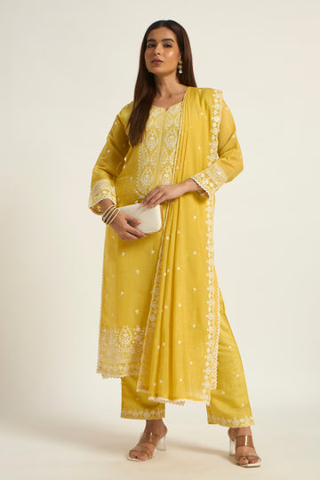 Yellow Cotton Chikankari Embroidered Straight Kurta with Palazzo & Dupatta
