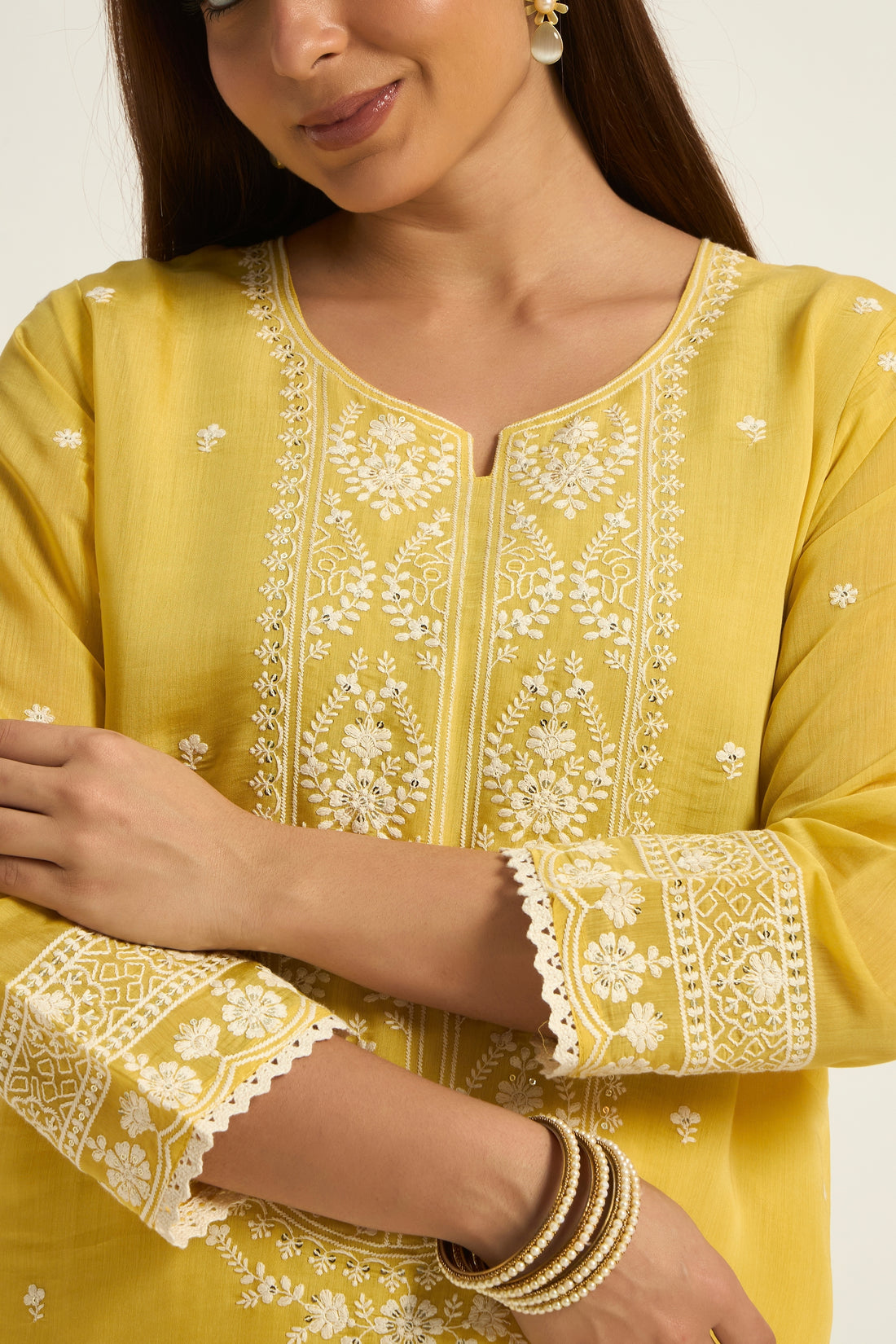 Yellow Cotton Chikankari Embroidered Straight Kurta with Palazzo & Dupatta