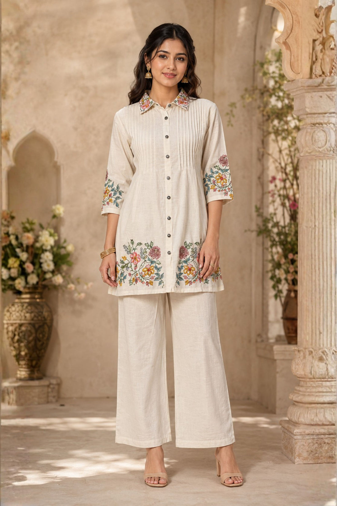 Women's White Floral Embroidered Shirt Collar Kurta with Palazzos Co-Ord Set