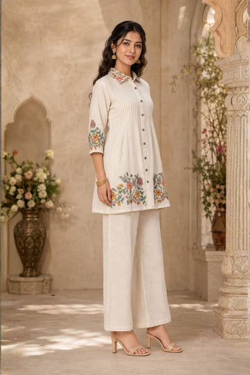 Women's White Floral Embroidered Shirt Collar Kurta with Palazzos Co-Ord Set