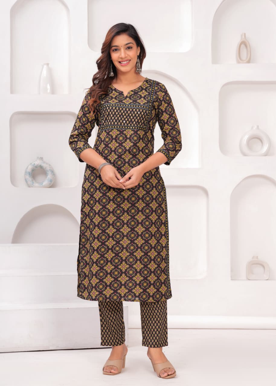 Black & Mustard Printed Kurta Set with Printed Border Dupatta