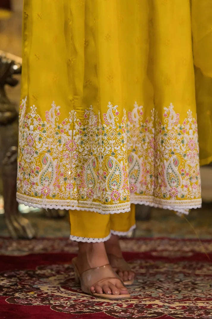 Golden Paisley Embroidered Anarkali Suit Set