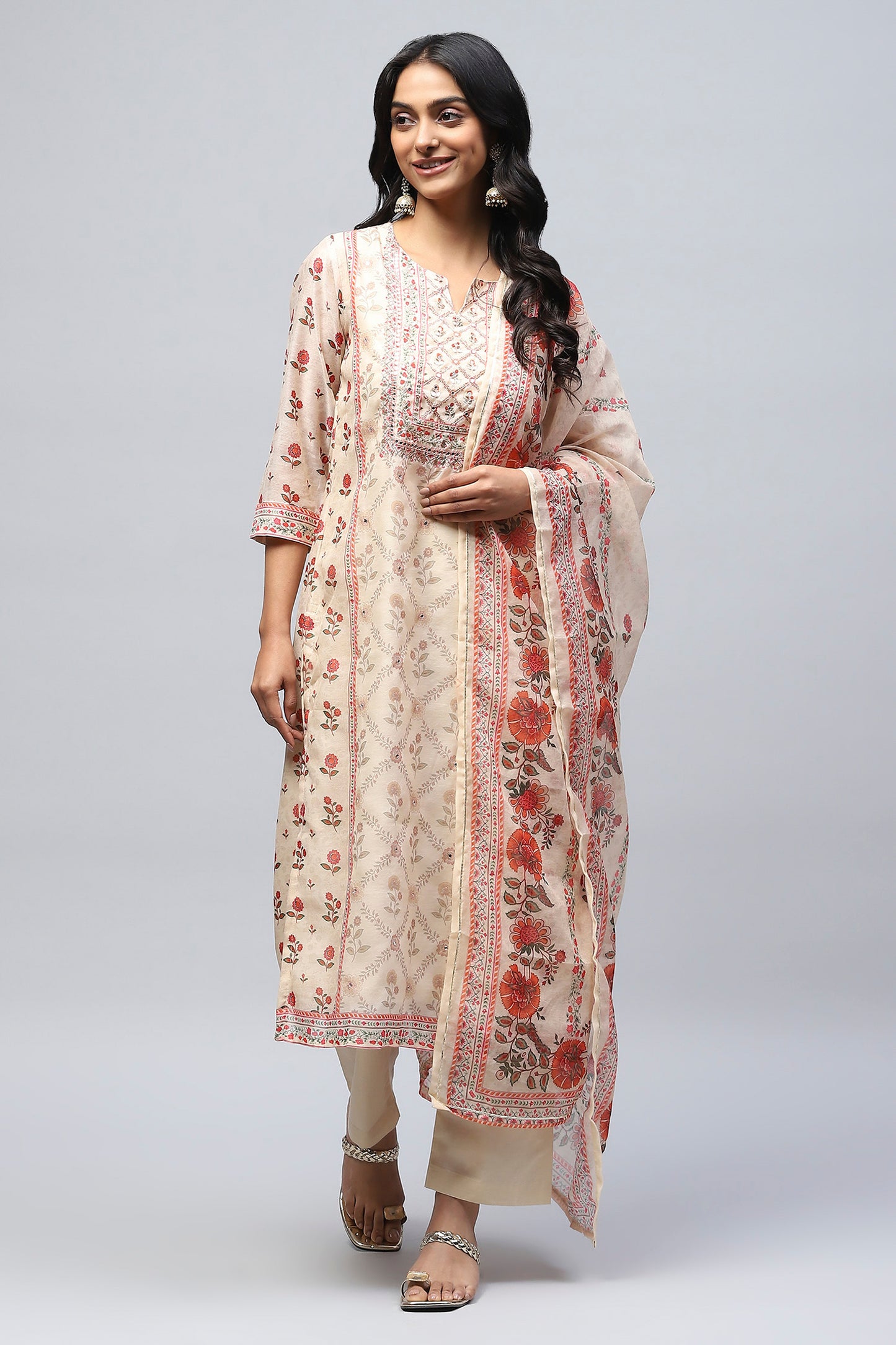 Beige Printed Suit Set for Women – Elegant & Timeless