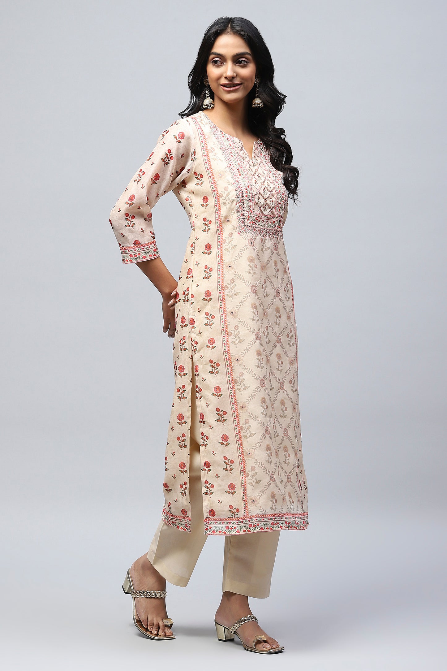 Beige Printed Suit Set for Women – Elegant & Timeless