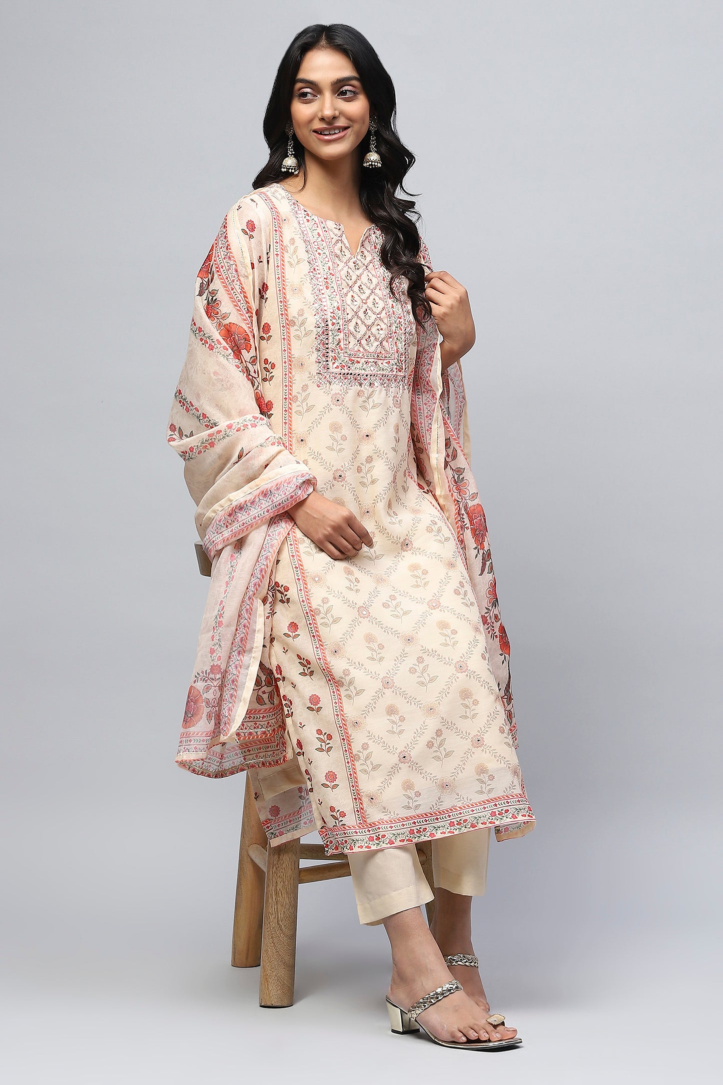 Beige Printed Suit Set for Women – Elegant & Timeless