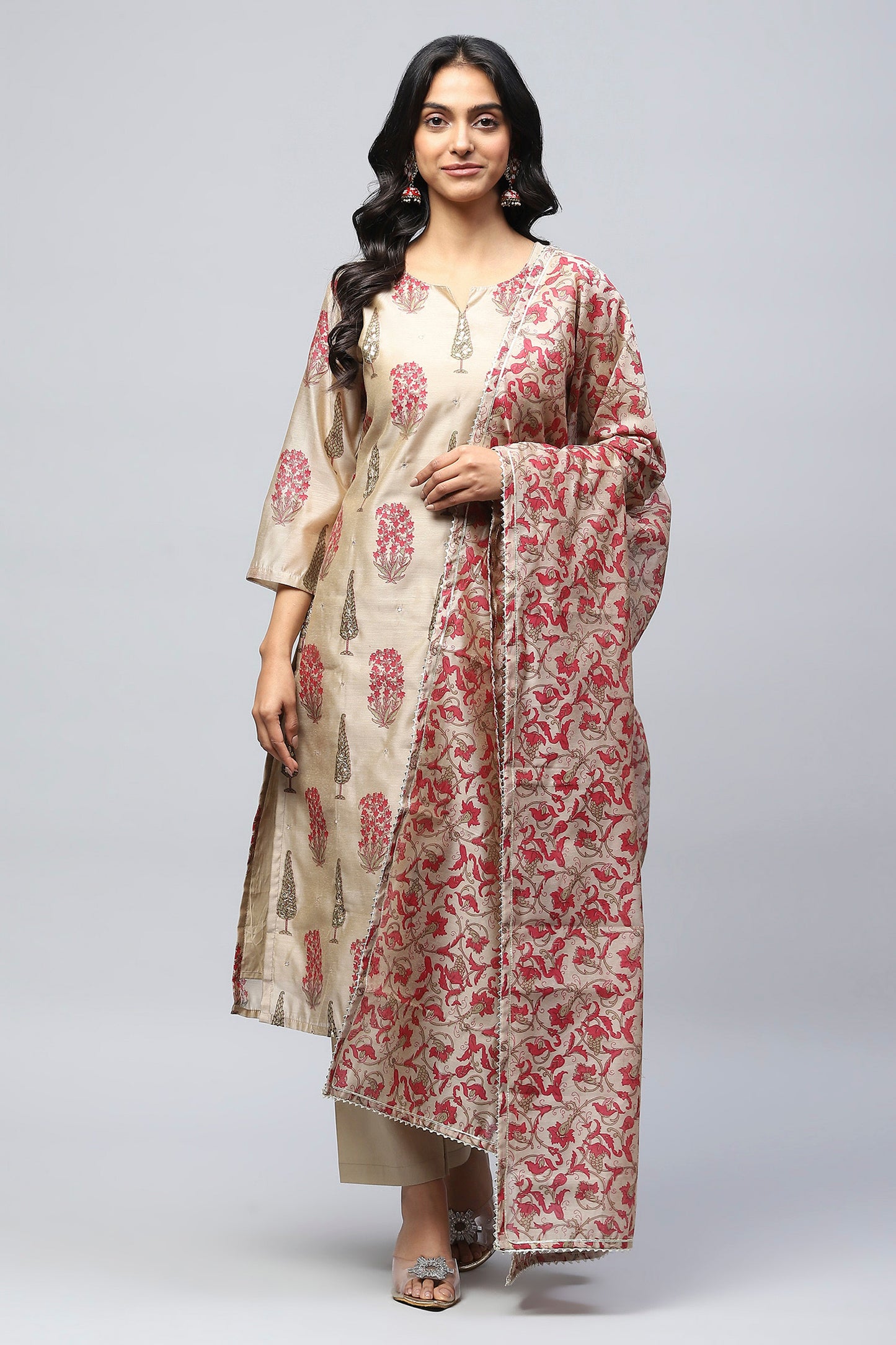 Beige Printed Suit Set with Mirror Work Embroidery for Women