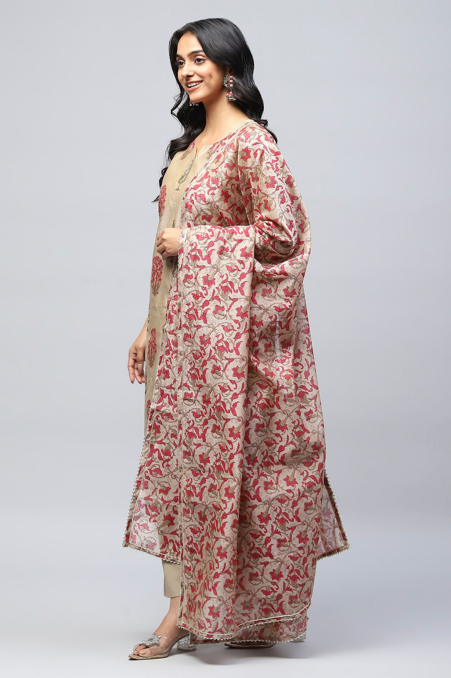 Beige Printed Suit Set with Mirror Work Embroidery for Women