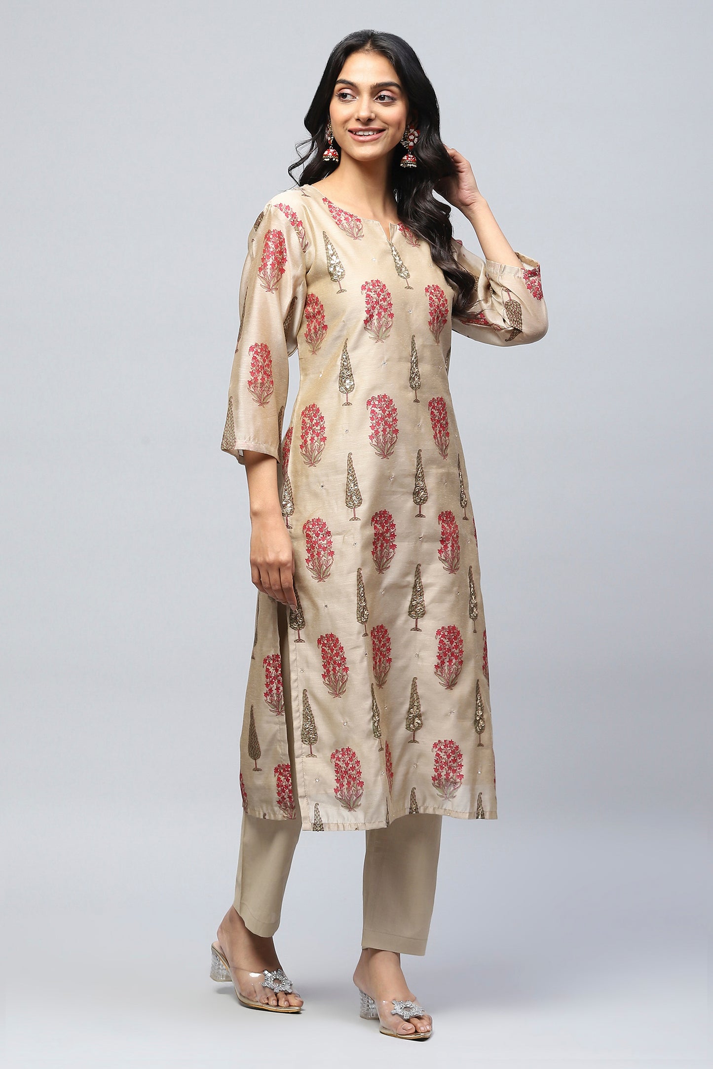 Beige Printed Suit Set with Mirror Work Embroidery for Women