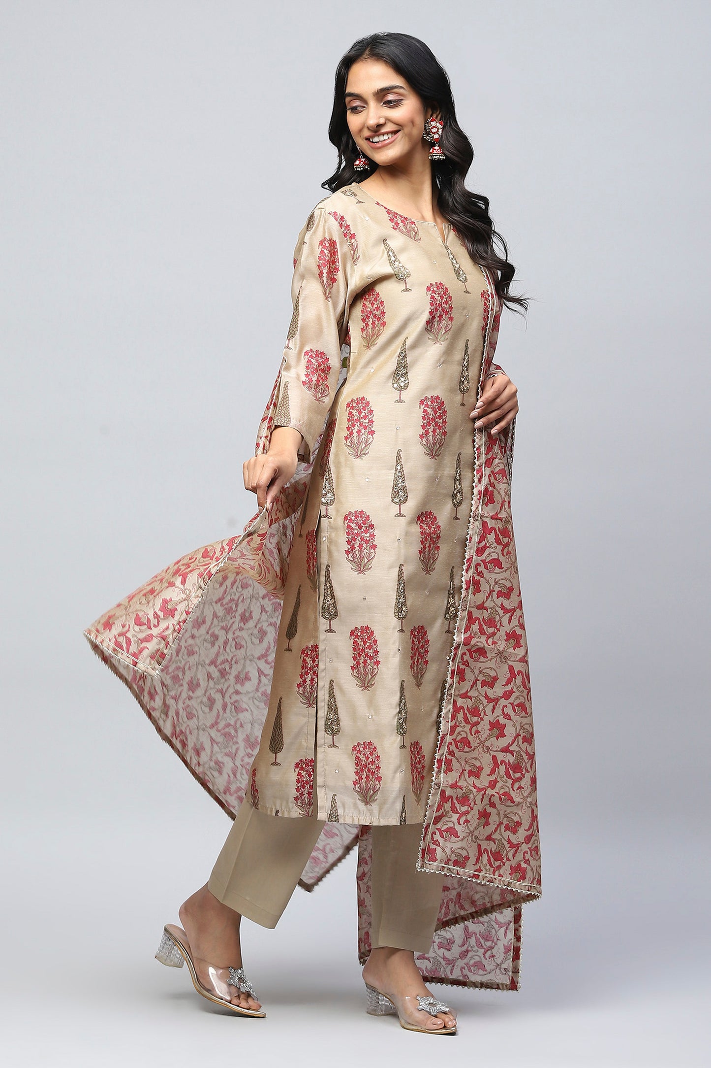 Beige Printed Suit Set with Mirror Work Embroidery for Women