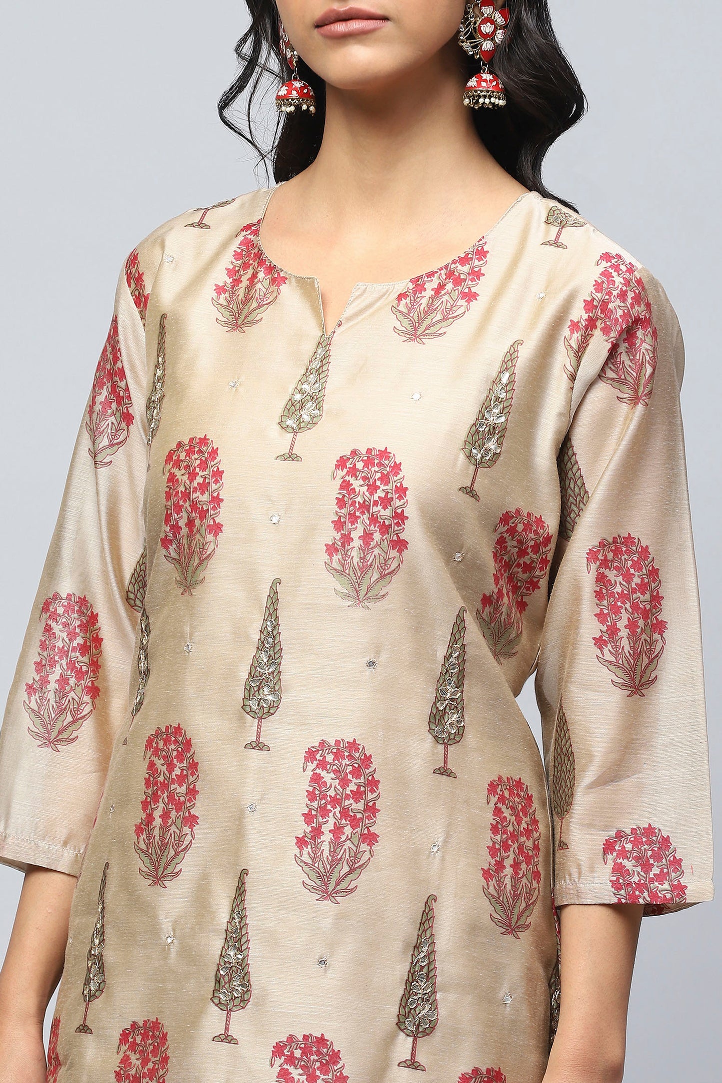 Beige Printed Suit Set with Mirror Work Embroidery for Women