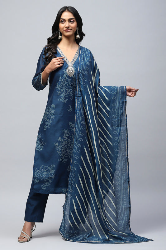 Blue Printed Suit Set for Women with Hand Embroidery