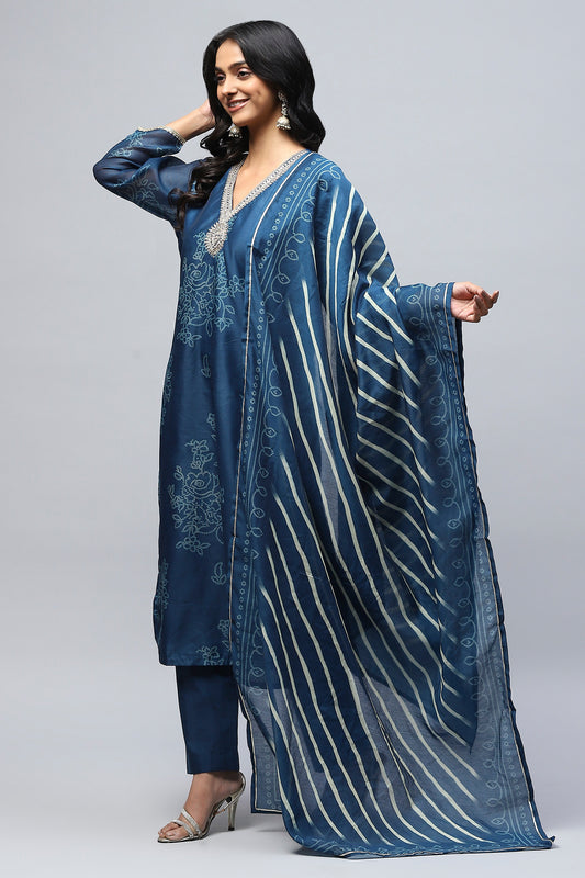 Blue Printed Suit Set for Women with Hand Embroidery