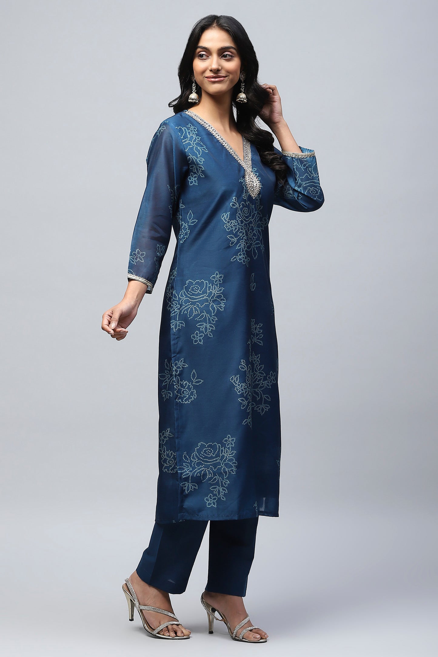 Blue Printed Suit Set for Women with Hand Embroidery