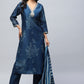 Blue Printed Suit Set for Women with Hand Embroidery