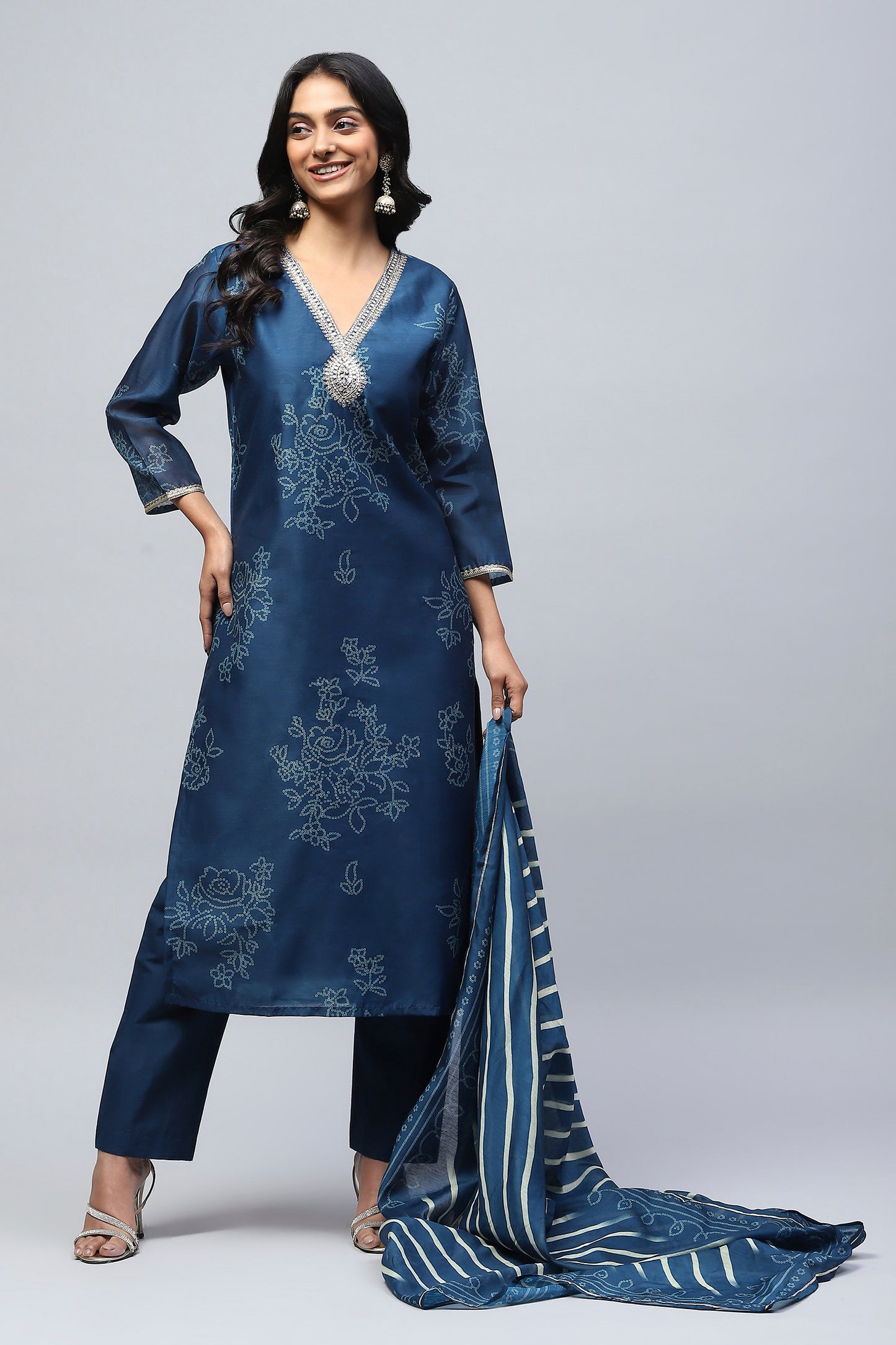 Blue Printed Suit Set for Women with Hand Embroidery