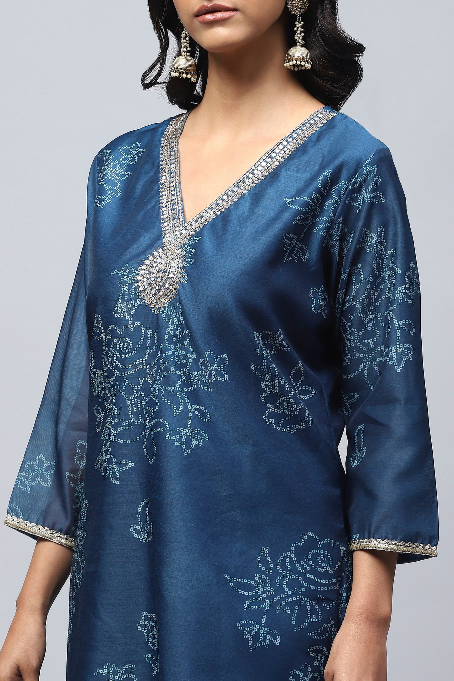 Blue Printed Suit Set for Women with Hand Embroidery