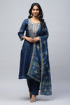 Blue Printed Suit Set for Women with Zari Embroidery