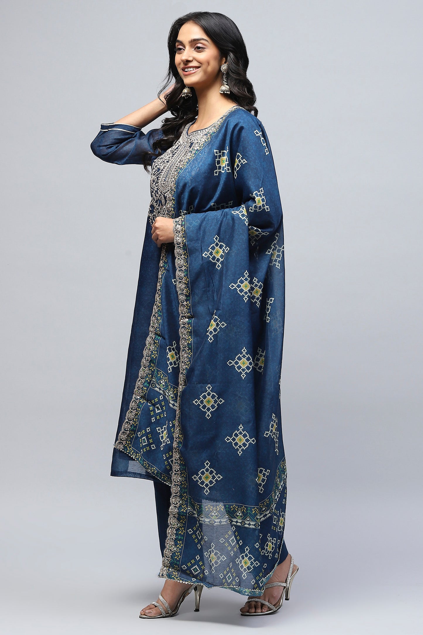 Blue Printed Suit Set for Women with Zari Embroidery