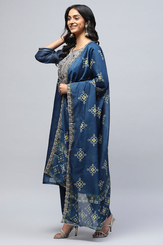 Blue Printed Suit Set for Women with Zari Embroidery