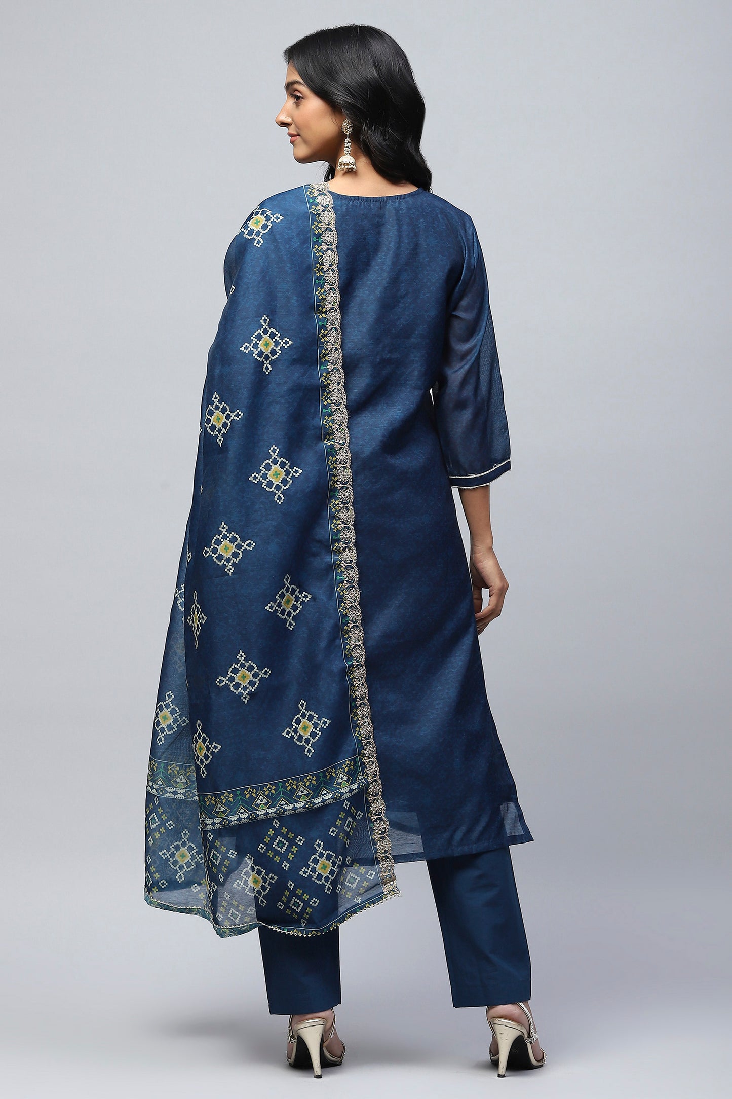 Blue Printed Suit Set for Women with Zari Embroidery