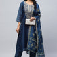 Blue Printed Suit Set for Women with Zari Embroidery